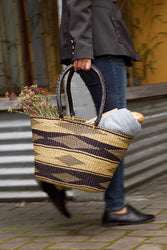 Ghanaian Black Diamond Shopper with Leather Handles